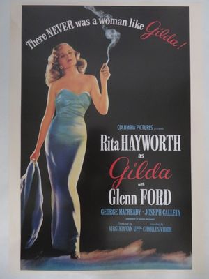 une vieille affiche de cinéma représentant une femme en robe bleue tenant une cigarette