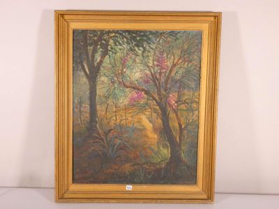 une peinture à l'huile représentant un arbre aux fleurs roses, dans un cadre doré