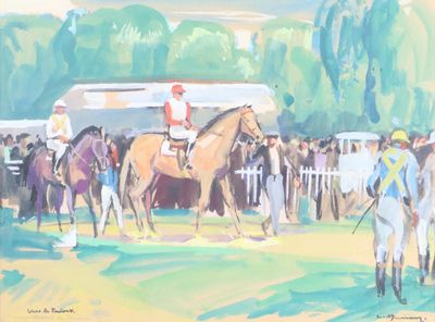 a painting of a horse race with jockeys and horses