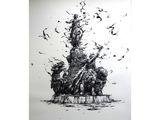 une image représentant un dessin d'une statue autour de laquelle volent des oiseaux
