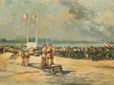 painting of a group of men standing on a dirt road next to a body of water