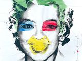 painting of a woman ' s face with a smiley face painted on it