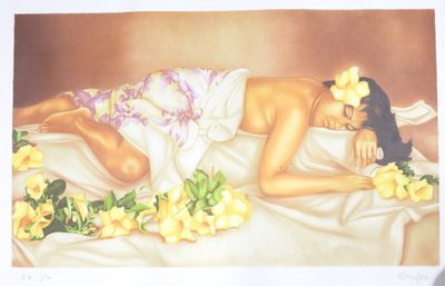 a painting of a woman laying on a bed with flowers in her hair