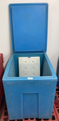 une caisse en plastique bleue avec un couvercle, posée sur une palette