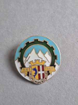 un gros plan sur un insigne avec une montagne en arrière-plan
