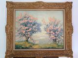 a painting of two trees in a field with pink flowers