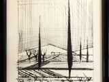 un dessin en noir et blanc représentant des arbres dans un champ, avec le ciel en arrière-plan