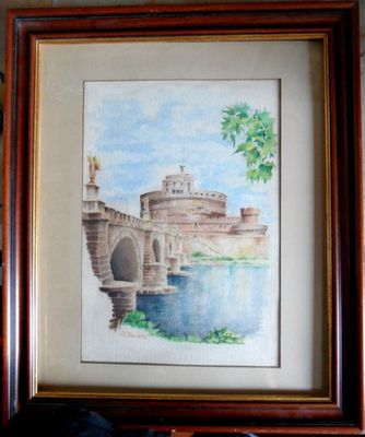 Aquarelle sur papier (43x30 cm), « Vue de Rome », signée en …