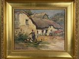 une image représentant un tableau où l'on voit un homme et un chien devant une maison au toit de chaume