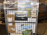 a shopping cart with many items in it in a warehouse