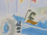 a painting of a blue race car with flags in the background