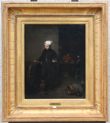 an image of a painting of a man in a black coat and white hat