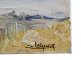 a painting of a boat in the water on the beach