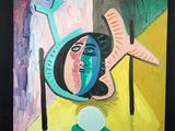 tableau représentant une femme avec un couteau et une fourchette posés sur une table