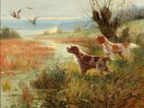 tableau représentant deux chiens dans un champ près d'un étang où se trouvent des canards