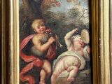 painting of a painting of a baby and a man playing a flute