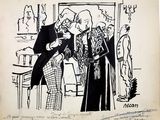 drawing of a man in a tuxedo talking to a woman in a tuxedo