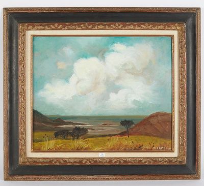 une peinture à l'huile sur toile représentant un paysage avec des arbres et des nuages