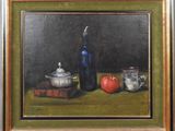 an oil painting of a still life with a bottle of wine and an apple