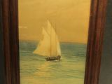 painting of a sailboat in the ocean with a yellow sky