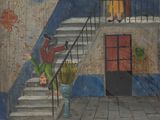une image représentant un tableau où l'on voit un homme et une femme dans un escalier
