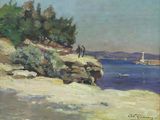 painting of two people walking on a beach near a body of water