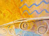 abstract painting of yellow and blue swirls on a yellow background