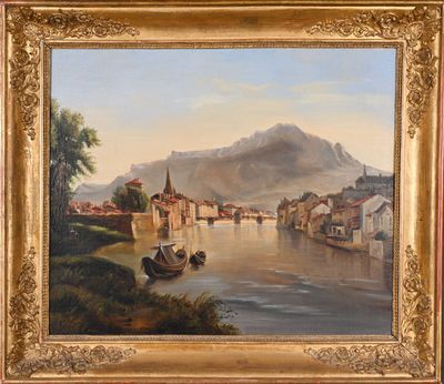 an oil painting of a river scene with a boat and a mountain in the background