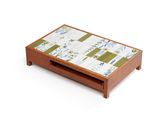 a wooden tray with a green and white pattern on it