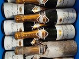 six bouteilles de champagne dans une boîte en plastique bleue