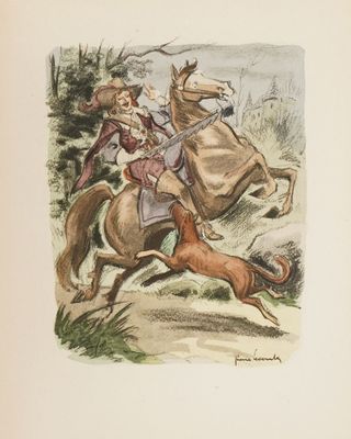 illustration of a man on a horse chasing a dog in a field