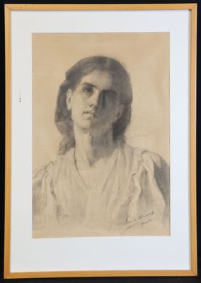 un dessin représentant une femme en robe blanche, dans un cadre noir