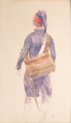 dessin représentant une femme en robe bleue, un panier sur l'épaule