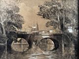 a picture of a painting of a bridge over a river