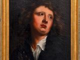 an oil painting of a young boy in a black jacket and white shirt