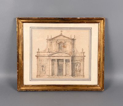 un dessin représentant une église, encadré d'or, accroché à un mur gris