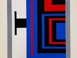 an image of a painting of a square with red, blue and black squares