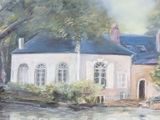 a painting of a house by the water
