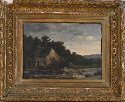 an image of a painting of a house by a river