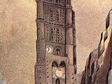 a painting of a building with a clock on the top of it