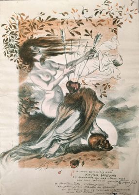 tableau représentant une femme et un oiseau perchés sur une branche d'arbre
