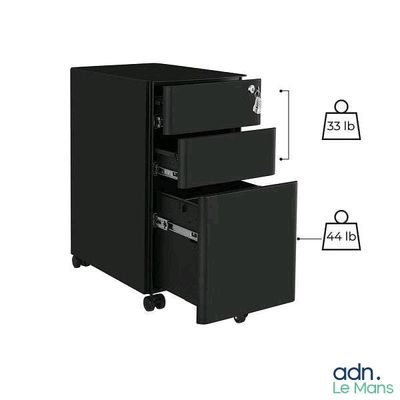 Armoire à dossiers mobile noire à 3 tiroirs, équipée de roulettes