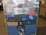 a cart that has many boxes on it in a warehouse