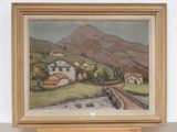 an image of a painting of a small town on a hill