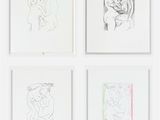 quatre dessins encadrés représentant un couple en train de s'embrasser