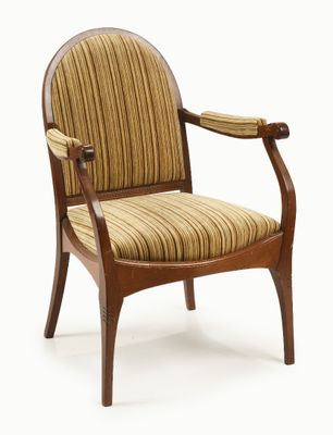 an image of a wooden chair with a striped upholstered seat