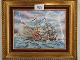 une peinture à l'huile représentant un navire en mer, arborant un drapeau rouge
