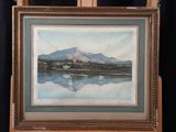 an oil painting of a mountain with a lake in the foreground