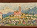 an image of a painting of a village with a church in the background
