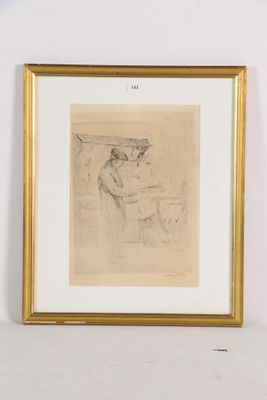 dessin représentant une femme assise à une table, avec un chat sur les genoux